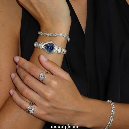 Sapphire Droplet – Silver Snake Chain Strap Diamond-Set Teardrop Blue Dial Women’s Quartz Watch