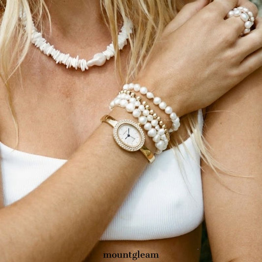 Luna Bath Gold - Oval Crystal Bangle Watch με λευκό πρόσωπο