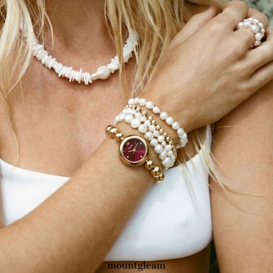 Damen-Quarzuhr mit goldenem Perlenarmband – rundes rotes kleines Zifferblatt