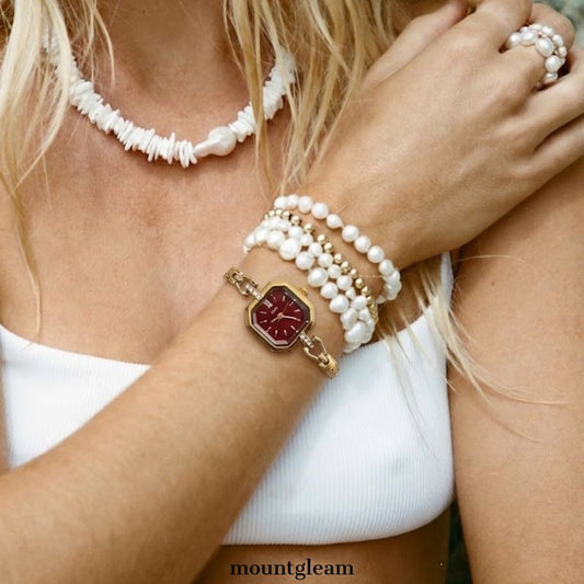 Modern Luxe: Bold Red Rectangular Dial Watch with Slim Gold-Tone Bracelet