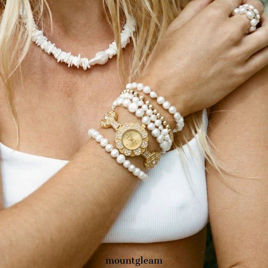 Vintage Floral Watch with Gold Dial, Diamond-Studded Frame & Alloy Bracelet
