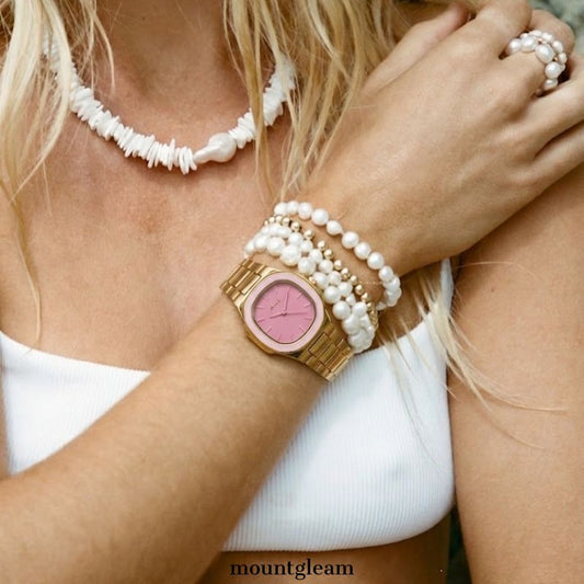 Modern Luxe: Pink Rectangular Dial Watch with Gold Stainless Steel Bracelet