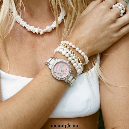 Dreamy Romantic: Pink Dial Silver Watch with Diamond Bezel & Stainless Steel Link Bracelet