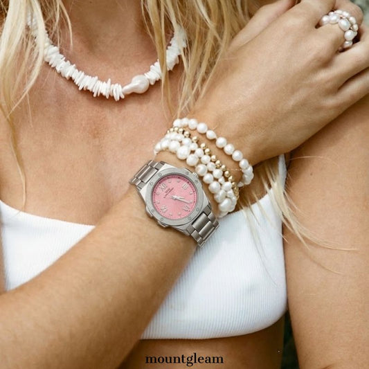 Delicate Chic: Pink Round Dial Watch with Silver Stainless Steel Bracelet