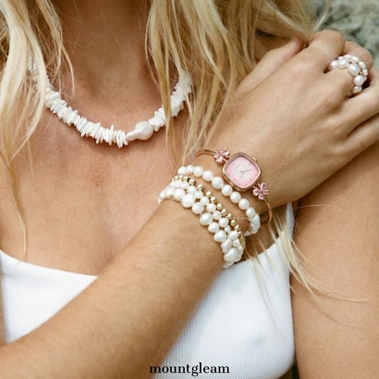 Rose Gold Glow: Pink Rectangular Dial Watch with Matching Bezel & Rose Gold Cuff Bracelet