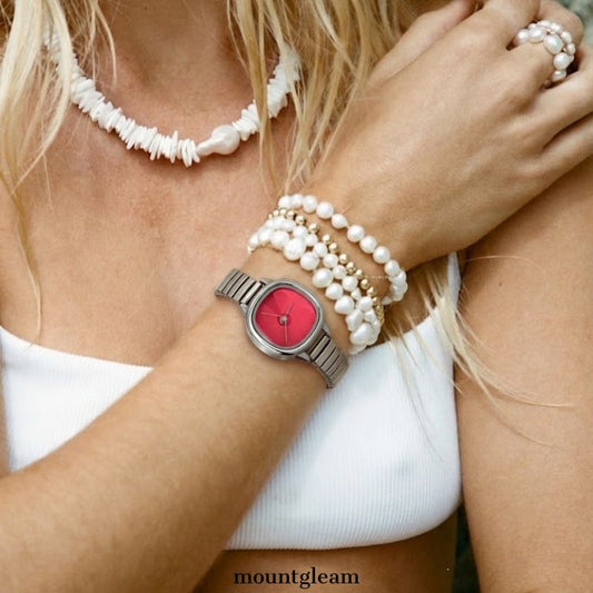 Silver-Toned Red Oval Dial Watch with Silver Expandable Stainless Steel Bracelet