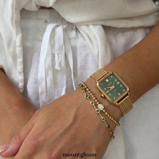 Vintage Luxury Green Rectangular Watch - Gold Wheat Quartz Bracelet