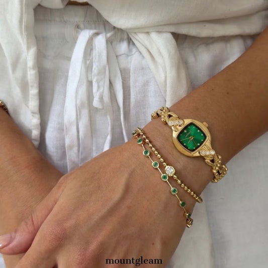 Vintage Square Green Dial Watch with Gold-Tone Case & Ornamental Vine-Inspired Alloy Bracelet