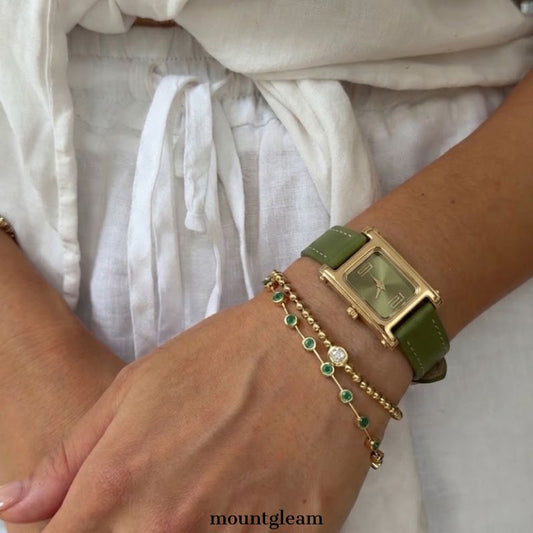 Elegant Green Leather Strap Ladies Quartz Watch, Gold Case, Rectangular Green Dial