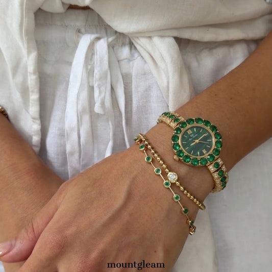Classic Green Dial Watch with Gemstone-Accented Bezel and Bracelet
