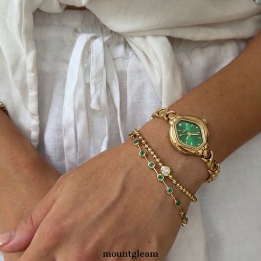 Vintage Style Rhombus Watch: Green Dial, Gold-Tone Alloy Case and Bracelet, Quartz Movement