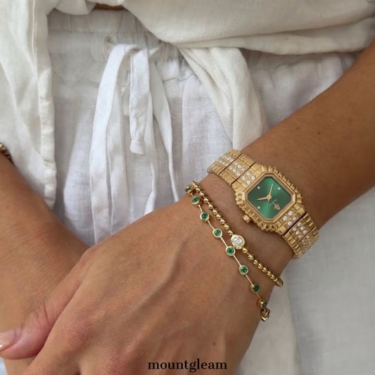 Light Luxury Trend Green Rectangle Dial Watch - Gold Crystal Alloy Quartz