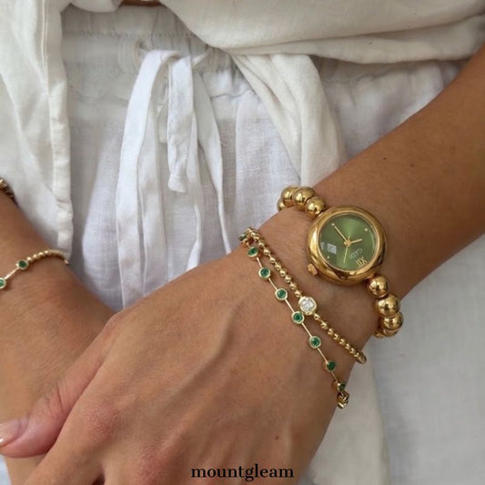Chic Green Dial Watch - Gold Round Case & Beaded Alloy Bracelet