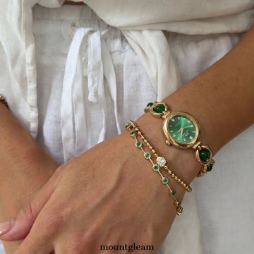 Green Chrysoprase Inlay Gold Bracelet & Gold Dial Ladies Quartz Watch