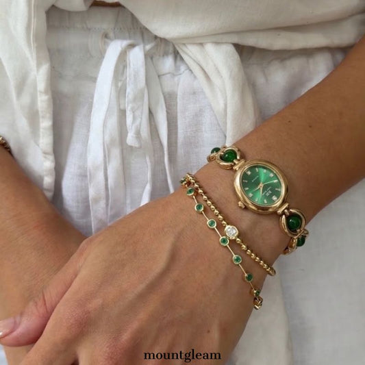 Green Chrysoprase Inlay Gold Bracelet & Gold Dial Ladies Quartz Watch