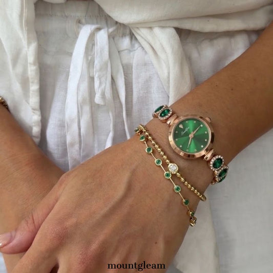 Modern Romantic: Green Round Dial with Rose Gold Bezel & Green Gemstone Bracelet
