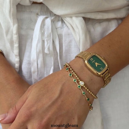 Natural Chic: Green Rectangular Dial Watch with Gold Rectangular Bezel & Gold Stainless Steel Bracelet
