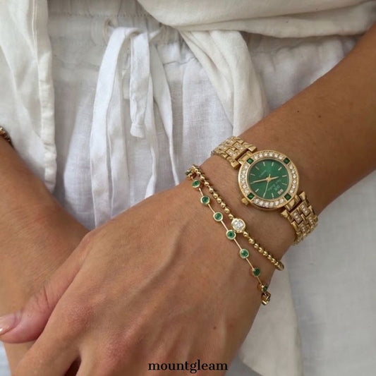 Vintage Green Mother of Pearl Watch with White Gemstone Bezel & Gold-Tone Alloy Strap