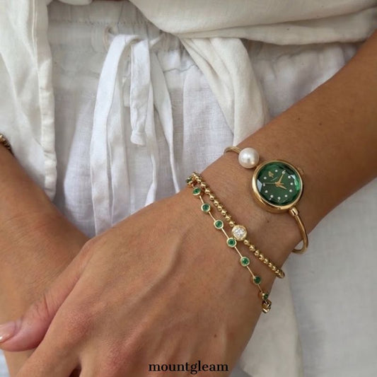 Gold Bracelet Watch for Women – Green Round Dial Quartz