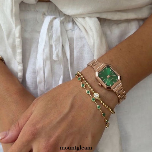 Luxe Glamour: Green Rectangular Dial Watch with Rose Gold Diamond Bezel & Bracelet