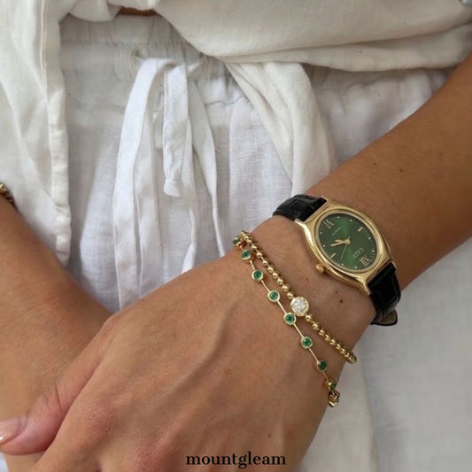 Vintage Charm: Oval Green Dial & Black Leather Gold Case Quartz Watch