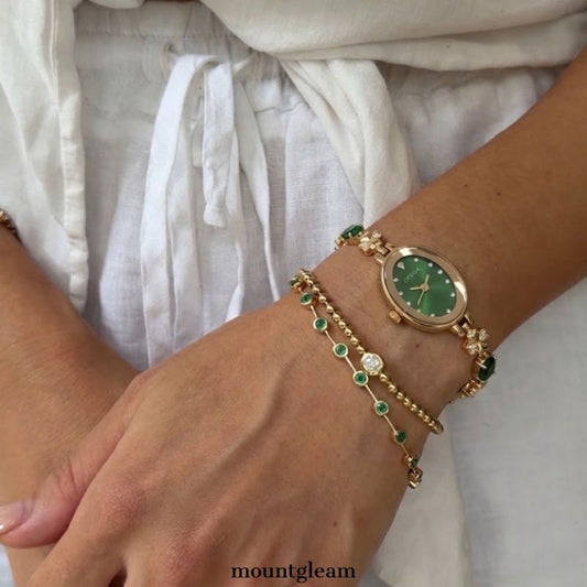 Vintage Green Oval Diamond Dial Gold Bezel Watch - Emerald & Alloy Bracelet