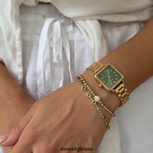 Urban Elegance Watch: Green Square Dial & Two-Tone Gold Stainless Steel
