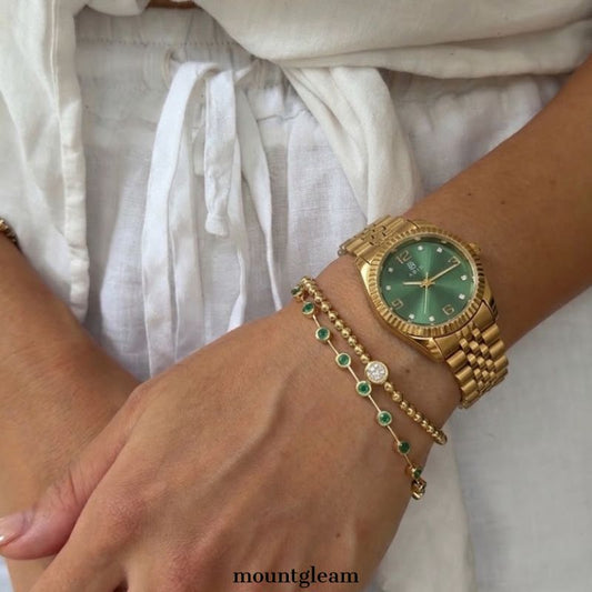 Modern Women's Green Round Dial Watch – Gold Bezel & Gold Alloy Bracelet Quartz