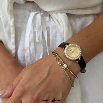 Gold Women’s Watch – Dainty Watch with Round Crystal Bezel & Black Leather Strap | Halo