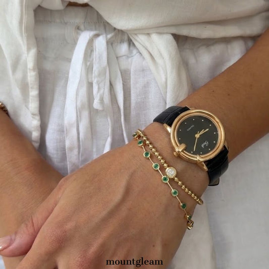 Vintage Color: Emerald Green Round Dial Watch with Gold Bezel & Black Genuine Leather Strap