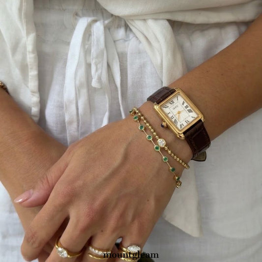 French Elegant Women’s Quartz Watch – Brown Leather Strap with Gold Rectangular Case, Roman Numeral White Dial