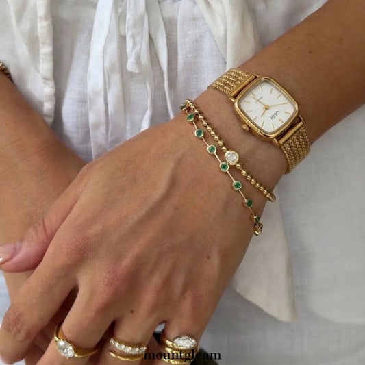 Vintage Gold Women’s Quartz Watch – Wheat Chain Bracelet with Square Case, Sparkling White Textured Dial, Waterproof Elegant Style