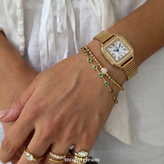 Elegant Women’s Quartz Watch – Gold Stainless Steel Bamboo Bracelet with Diamond-Accented White Square Dial