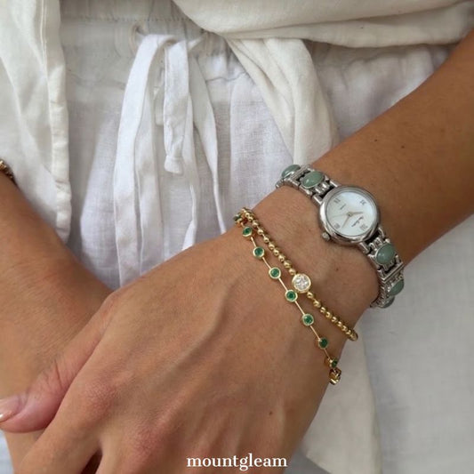 Silver Bracelet Watch for Women – Green Tiger Eye Inlay & White Mother-of-Pearl Dial, Vintage Style|Emerelle