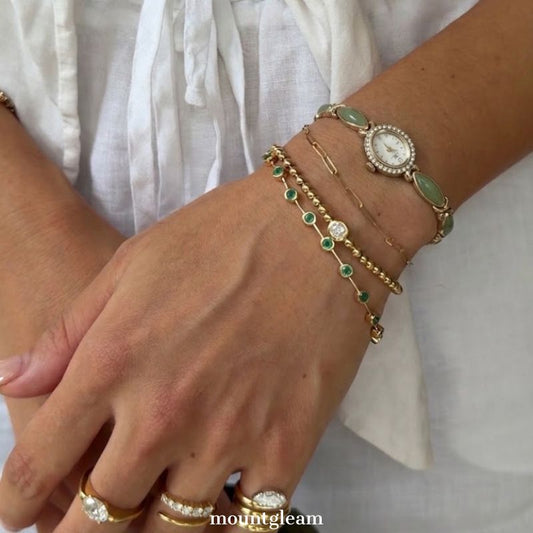 Gold Women’s Quartz Watch – Green Chalcedony Inlay with Oval Crystal Case & White Dial | Celestia