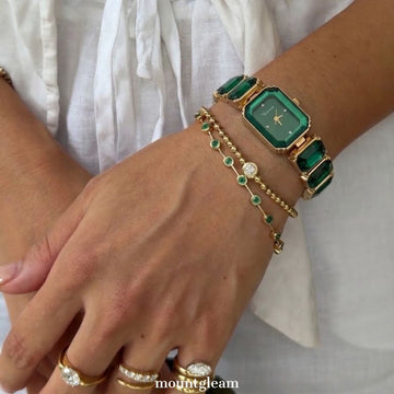 Modern Chic: Green Rectangle Dial with Gold Bezel & Green Gemstone Inlaid Bracelet