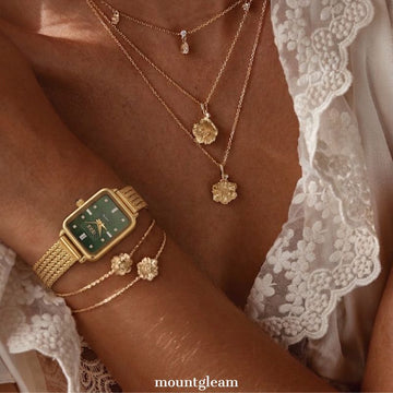 Vintage Luxury Green Rectangular Watch - Gold Wheat Quartz Bracelet