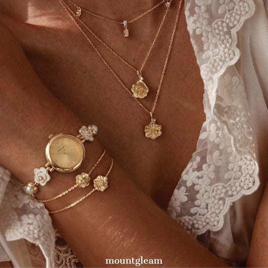Antique Pearl Watch with Floral Pearl Bracelet and Gold Dial Quartz Movement