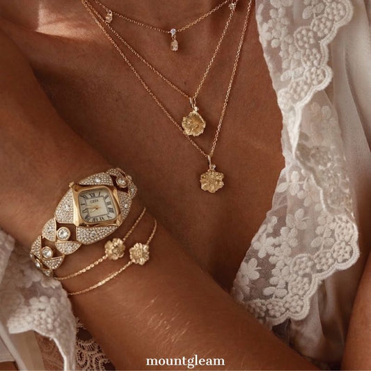 High Jewelry Gold Diamond-Shaped Dial Full Diamond Watch with Bracelet Strap
