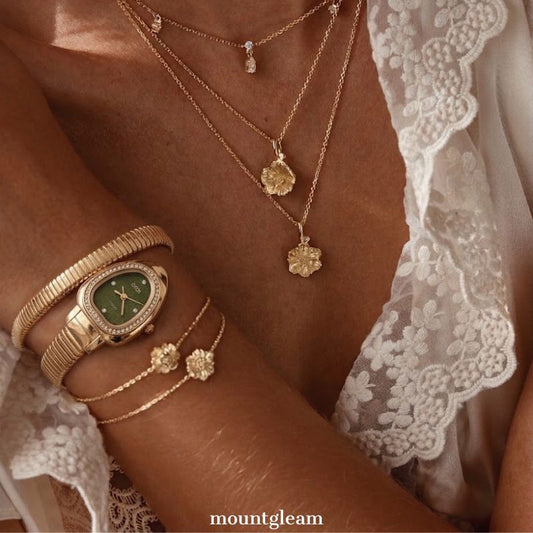 Serpent Green Dial Watch for Women – Gold Diamond Bezel Quartz Bracelet