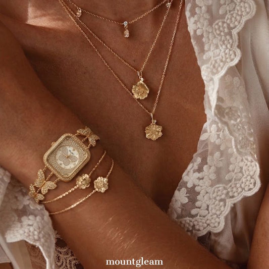 Feminine Delicacy: Gold Rectangle Diamond Dial with Butterfly Stainless Steel Bracelet
