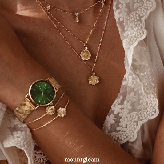 Vibrant Versatility: Green Round Dial Watch with Gold Stainless Steel Bracelet