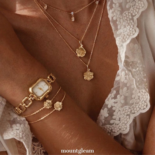 Gilded Geometry: White Rectangular Dial Watch with Gold Rectangular Bezel & Gold Chain Bracelet