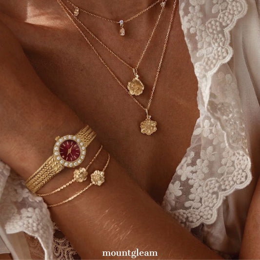 Bold Glamour : Red Round Dial Watch with Gold Diamond Bezel & Wheat Pattern Bracelet