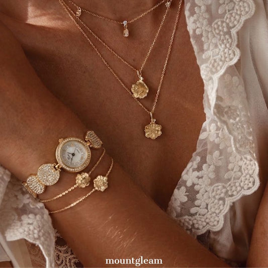 Elegant Women’s Quartz Watch – Gold Full Rhinestone Bracelet with White Round Dial
