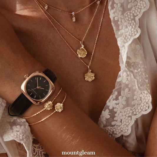 Timeless Chic: Black Rectangular Dial Watch with Rose Gold Bezel & Black Genuine Leather Strap