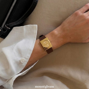 Sporty Silicone: Gold Round Dial Watch with Gold Rectangular Bezel & Brown Silicone Strap