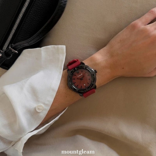 Vibrant Sporty: Red Round Dial Watch with Black Bezel & Red Silicone Strap