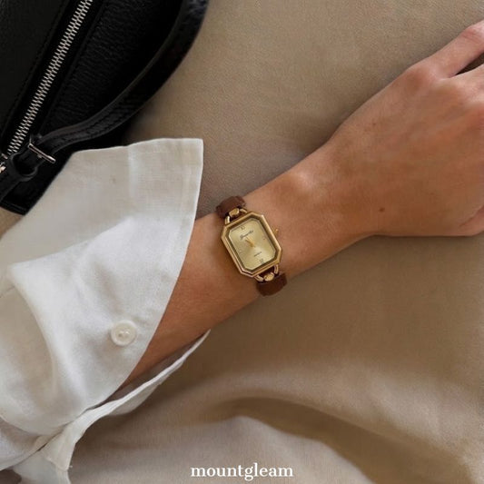 Refined Modern: Gold Rectangular Dial Watch with Gold Square Bezel & Brown Leather Strap