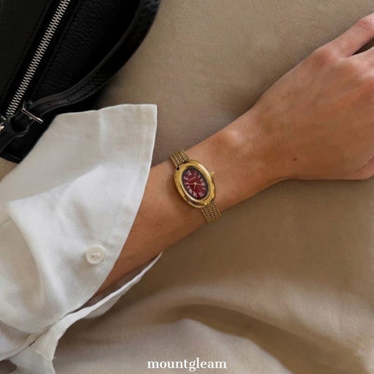 Graceful Style: Red Oval Dial Watch with Gold Wheat Pattern Stainless Steel Bracelet